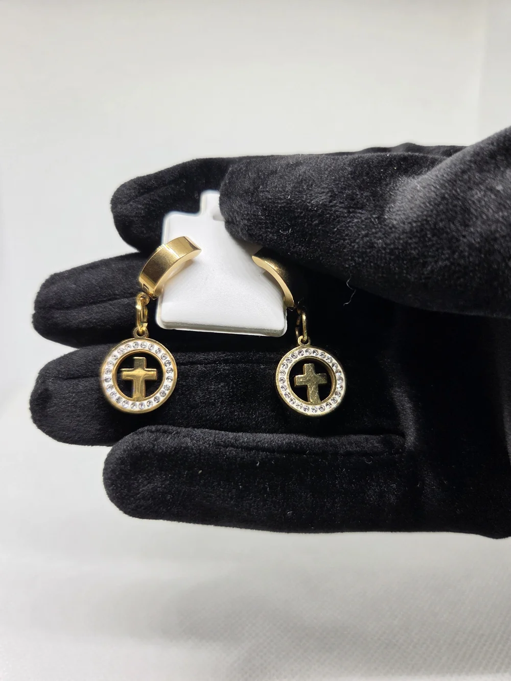 Gold Cross Circle Drop Huggie Earrings
